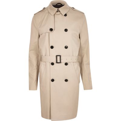 Stone long double breasted mac coat
